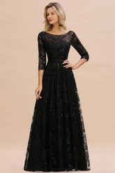 BMbride Charming Black Half Sleeves Tulle Sequins Evening Dress 20s Aline Prom Dress BMbride
